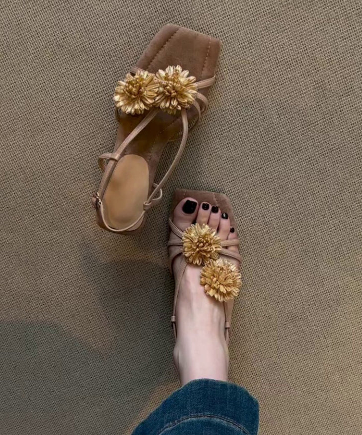Brown Cowhide Leather Floral Splicing Sandals Peep Toe