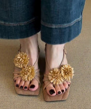 Brown Cowhide Leather Floral Splicing Sandals Peep Toe