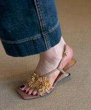 Brown Cowhide Leather Floral Splicing Sandals Peep Toe