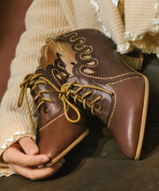 Brown Cowhide Leather High Heels Splicing Hollow Out Lace Up