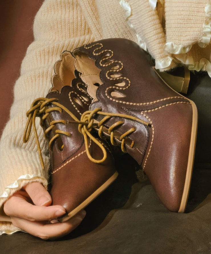 Brown Cowhide Leather High Heels Splicing Hollow Out Lace Up