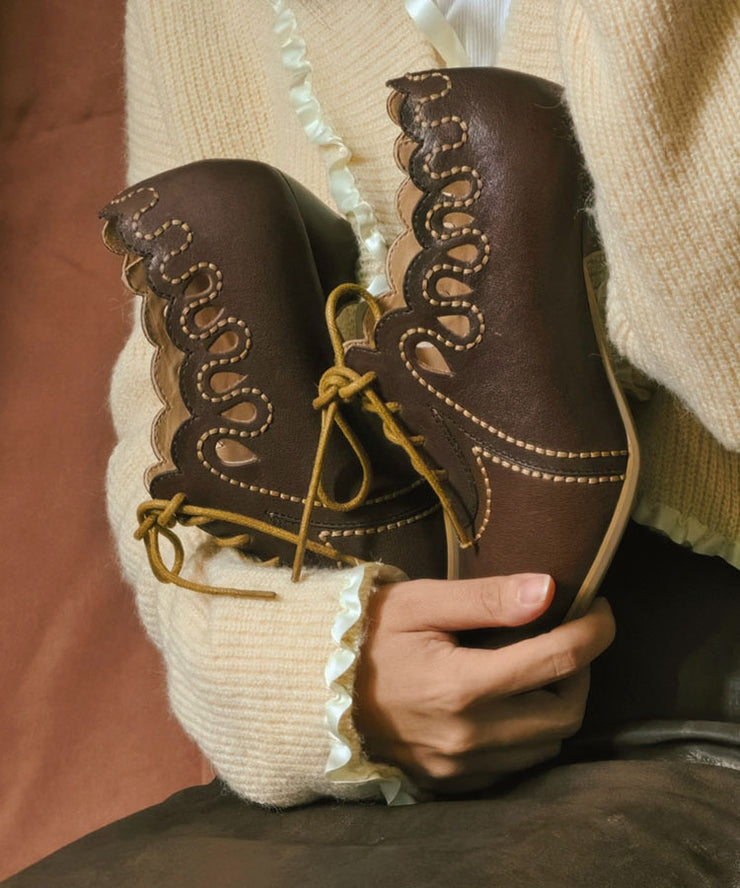 Brown Cowhide Leather High Heels Splicing Hollow Out Lace Up