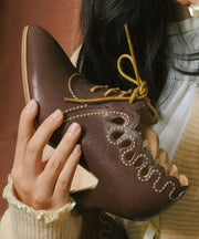 Brown Cowhide Leather High Heels Splicing Hollow Out Lace Up