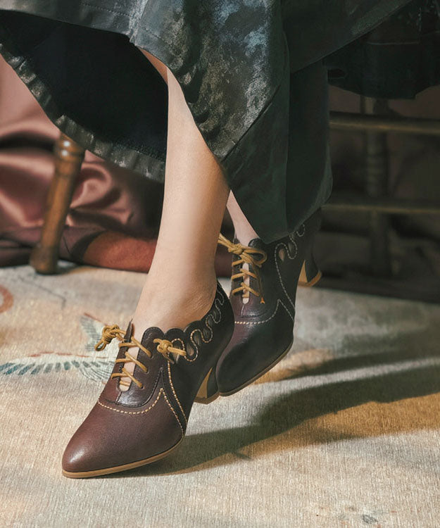 Brown Cowhide Leather High Heels Splicing Hollow Out Lace Up