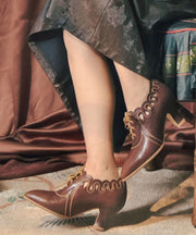 Brown Cowhide Leather High Heels Splicing Hollow Out Lace Up