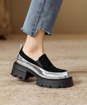 Brown Cowhide Leather Loafer Shoes Splicing Platform