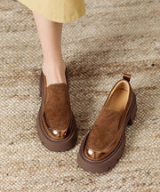 Brown Cowhide Leather Loafer Shoes Splicing Platform