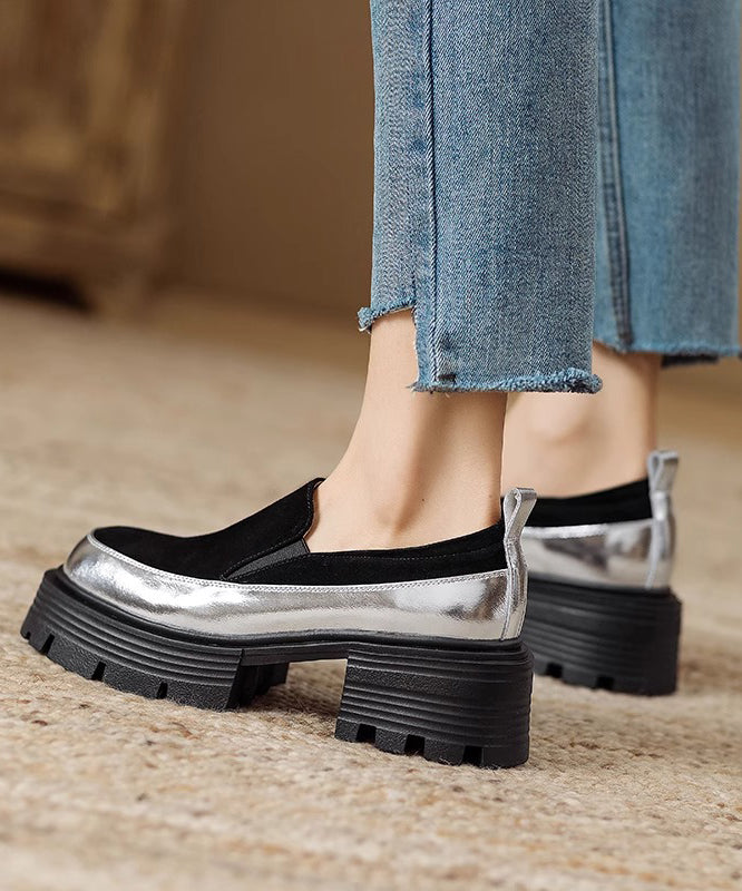 Brown Cowhide Leather Loafer Shoes Splicing Platform