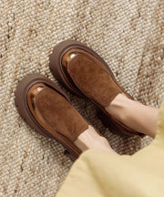 Brown Cowhide Leather Loafer Shoes Splicing Platform