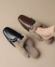 Brown Cowhide Leather Slippers Shoes Splicing Fuzzy Wool Lined