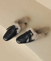 Brown Cowhide Leather Slippers Shoes Splicing Fuzzy Wool Lined