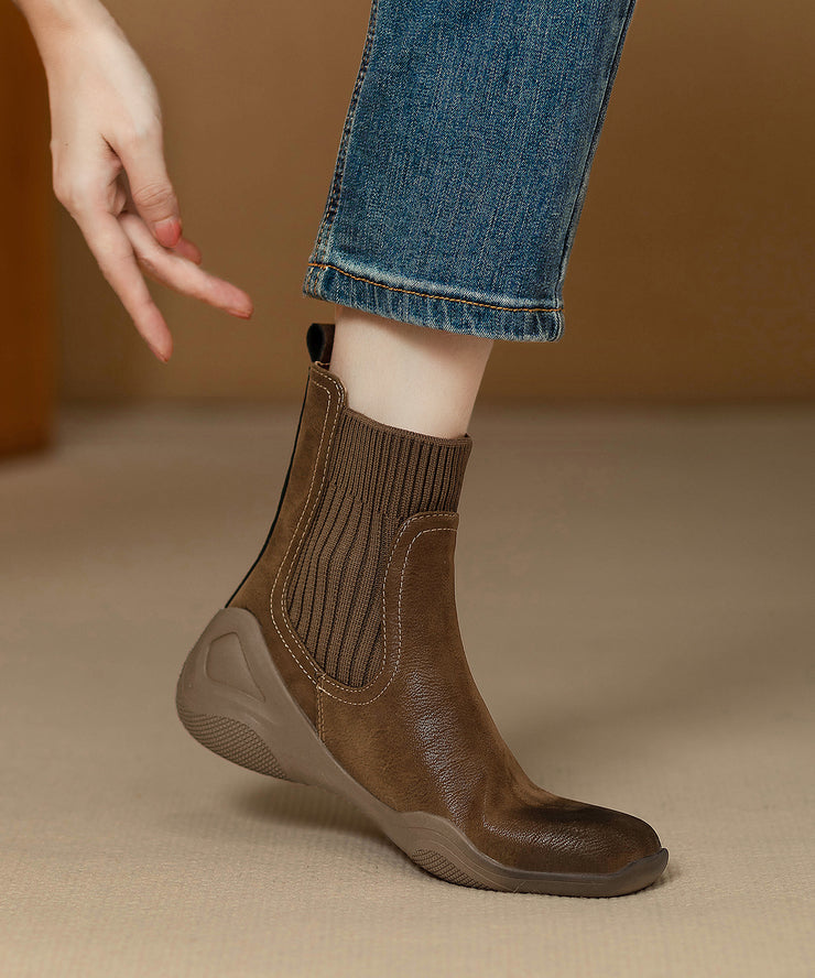 Brown Cowhide Leather Splicing Comfy Boots