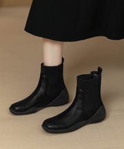 Brown Cowhide Leather Splicing Comfy Boots