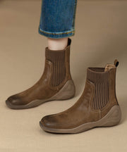Brown Cowhide Leather Splicing Comfy Boots