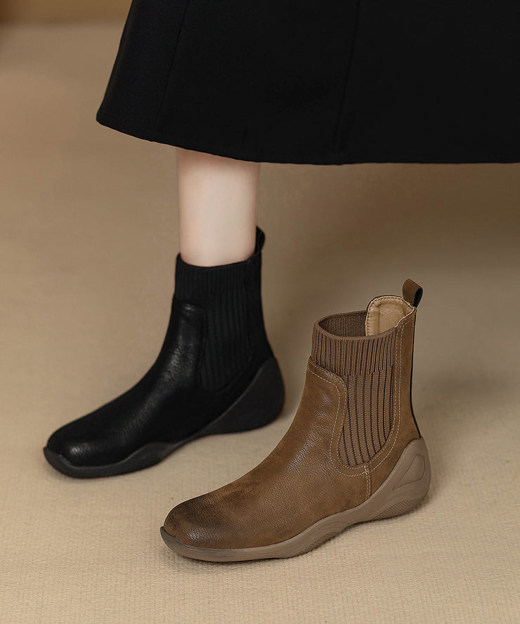 Brown Cowhide Leather Splicing Comfy Boots