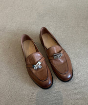 Brown Cowhide Leather Splicing Loafers For Women