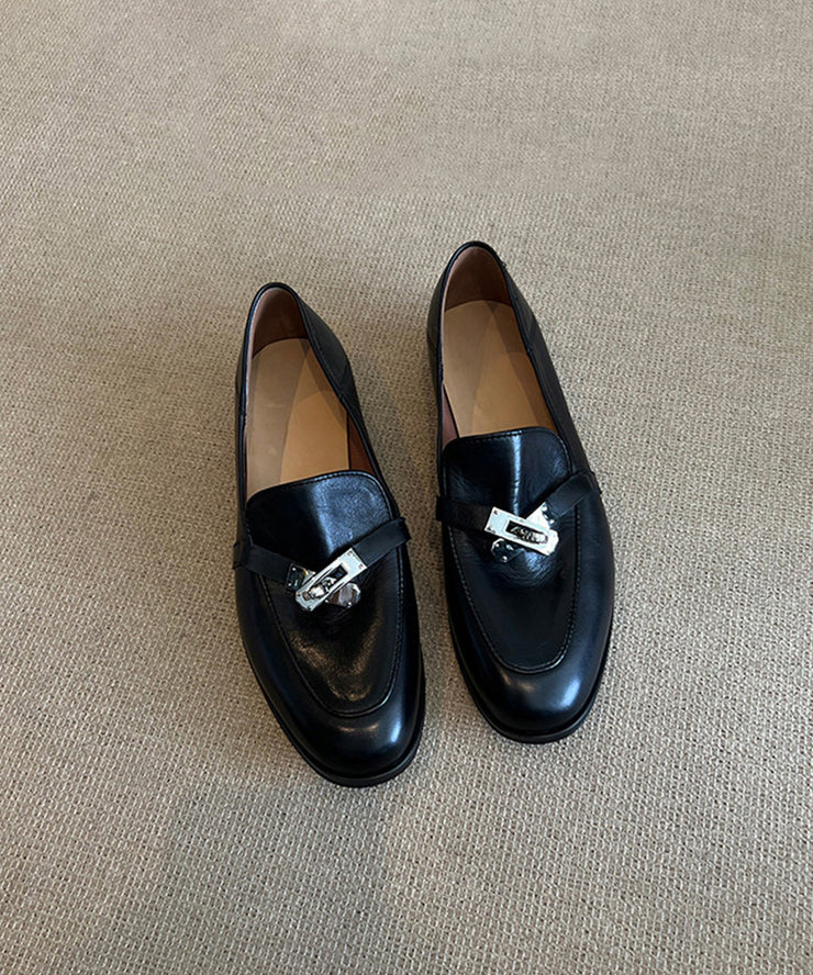 Brown Cowhide Leather Splicing Loafers For Women