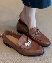 Brown Cowhide Leather Splicing Loafers For Women