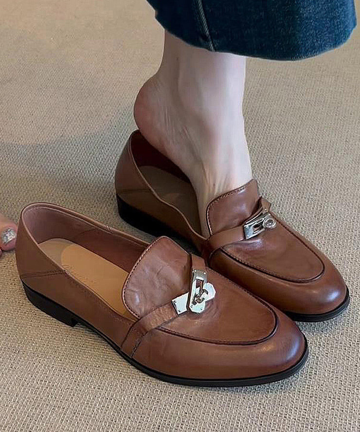 Brown Cowhide Leather Splicing Loafers For Women