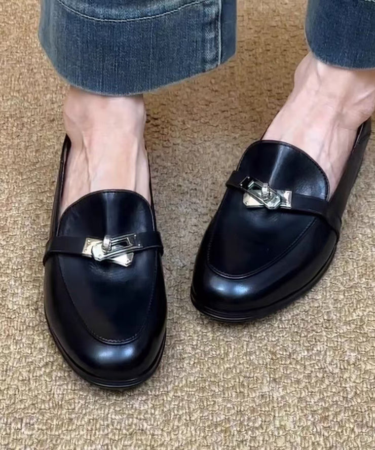 Brown Cowhide Leather Splicing Loafers For Women