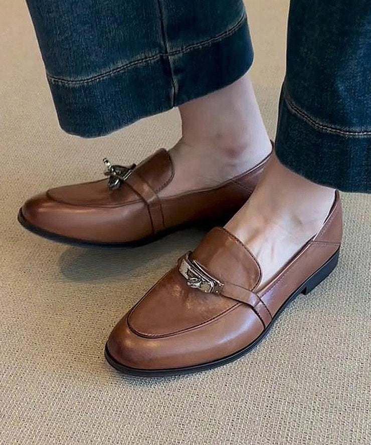 Brown Cowhide Leather Splicing Loafers For Women