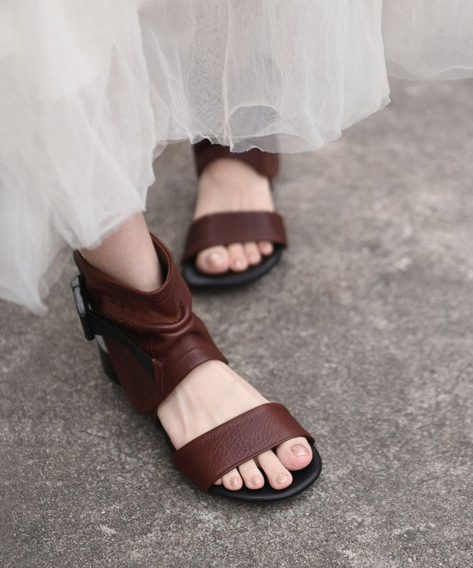 Brown Cowhide Leather Splicing Sandals Hollow Out Peep Toe