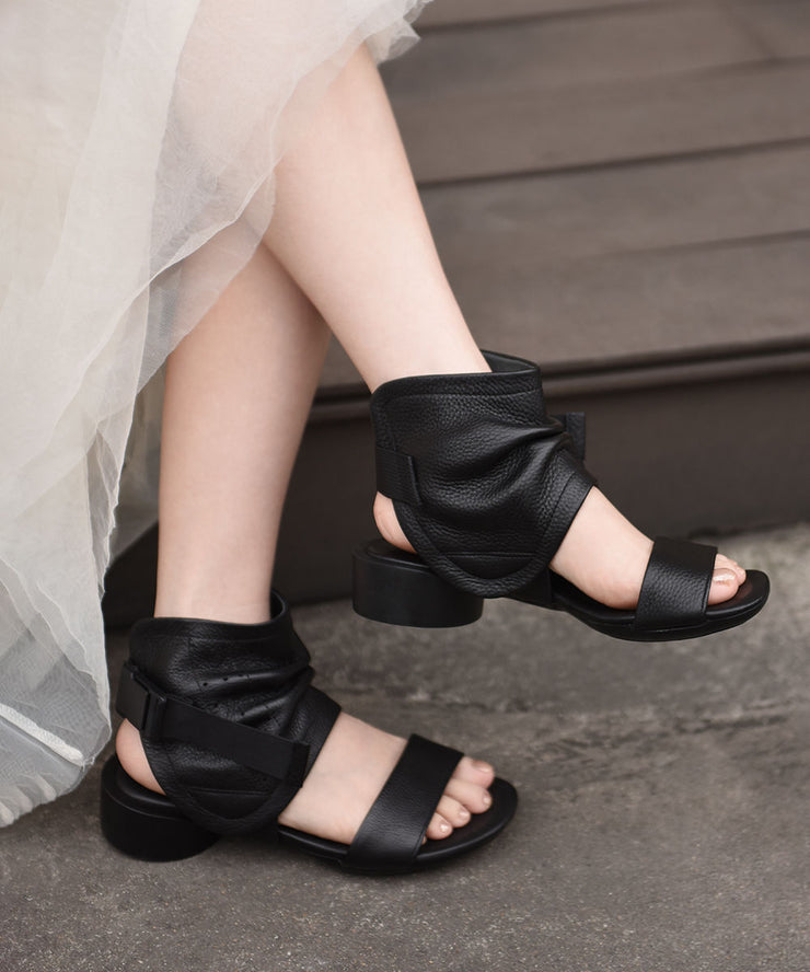 Brown Cowhide Leather Splicing Sandals Hollow Out Peep Toe