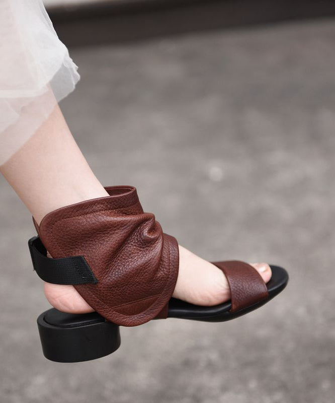 Brown Cowhide Leather Splicing Sandals Hollow Out Peep Toe