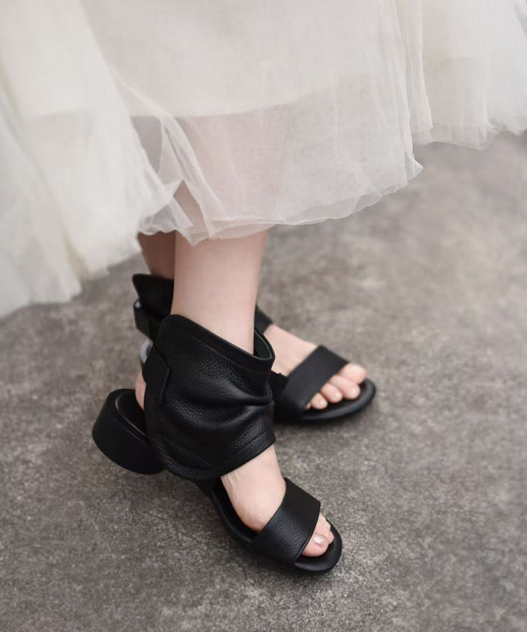 Brown Cowhide Leather Splicing Sandals Hollow Out Peep Toe