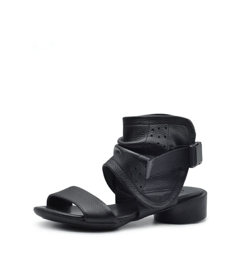 Brown Cowhide Leather Splicing Sandals Hollow Out Peep Toe