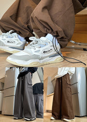 Brown Drawstring Solid Cotton Mens Wide Leg Pants Elastic Waist