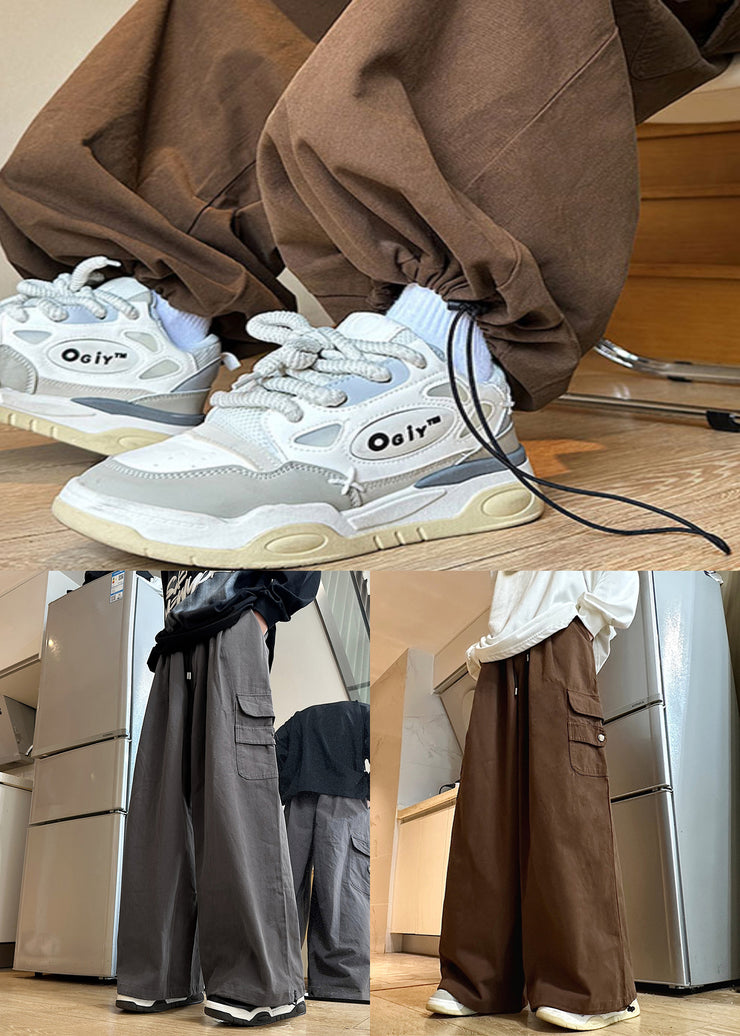 Brown Drawstring Solid Cotton Mens Wide Leg Pants Elastic Waist