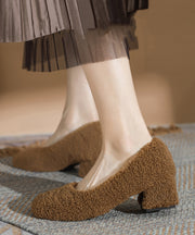 Brown Faux Fur Splicing Chunky High Heels Fuzzy Wool Lined