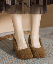 Brown Faux Fur Splicing Chunky High Heels Fuzzy Wool Lined