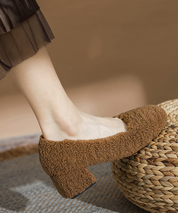 Brown Faux Fur Splicing Chunky High Heels Fuzzy Wool Lined