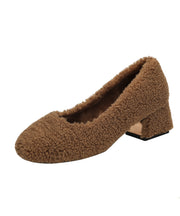 Brown Faux Fur Splicing Chunky High Heels Fuzzy Wool Lined