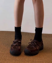 Brown Faux Leather Loafers For Women Splicing Bow