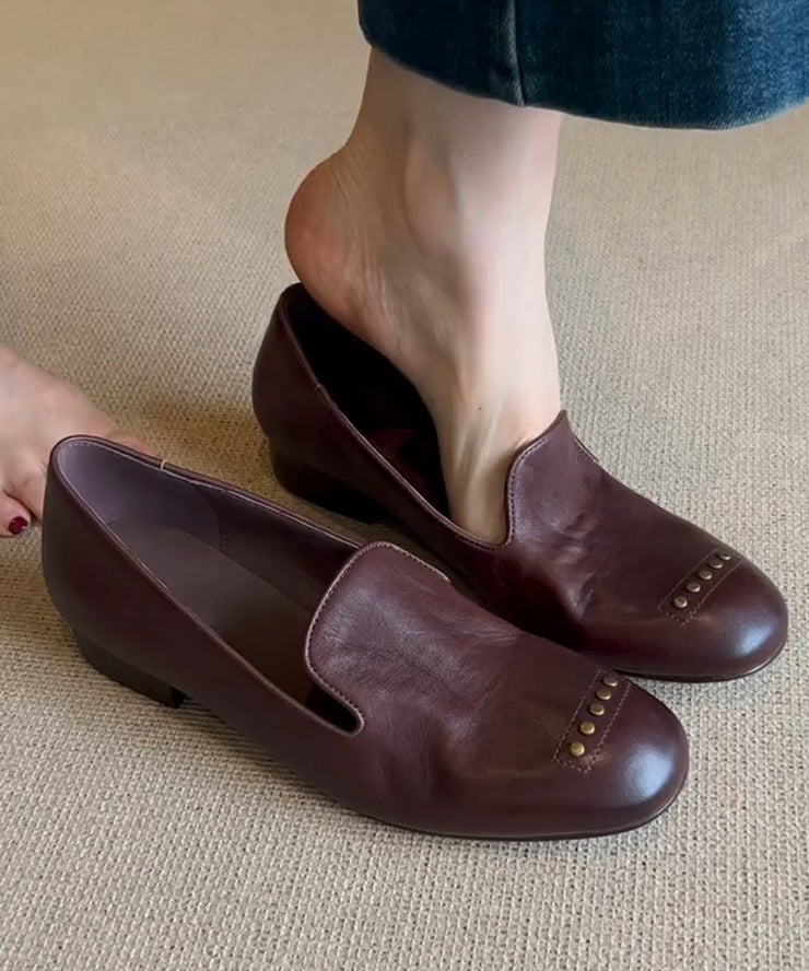 Brown Faux Leather Rivet Chic Splicing Loafers For Women