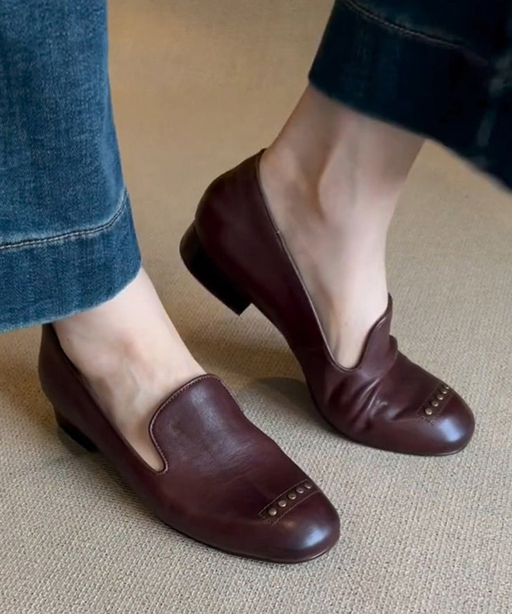 Brown Faux Leather Rivet Chic Splicing Loafers For Women