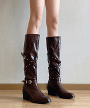 Brown Faux Leather Rivet Splicing Chunky Heel Boots