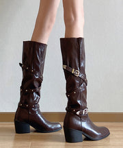 Brown Faux Leather Rivet Splicing Chunky Heel Boots