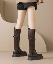 Brown Faux Leather Splicing Fuzzy Wool Lined Platform Boots