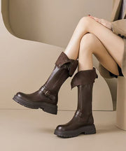 Brown Faux Leather Splicing Fuzzy Wool Lined Platform Boots