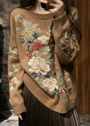 Brown Floral Cozy Knit Knit Sweaters O Neck Fall