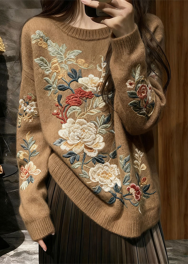 Brown Floral Cozy Knit Knit Sweaters O Neck Fall