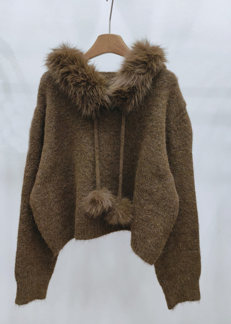 Brown Fur Collar Cozy Hooded Cotton Knit Pullover Winter