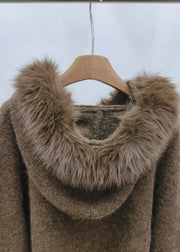Brown Fur Collar Cozy Hooded Cotton Knit Pullover Winter
