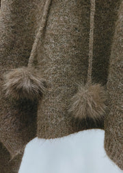 Brown Fur Collar Cozy Hooded Cotton Knit Pullover Winter