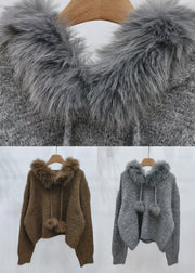 Brown Fur Collar Cozy Hooded Cotton Knit Pullover Winter