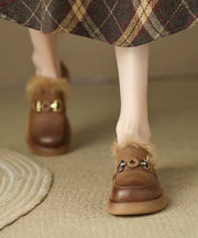 Brown Fuzzy Wool Lined Splicing Platform Loafers For Women